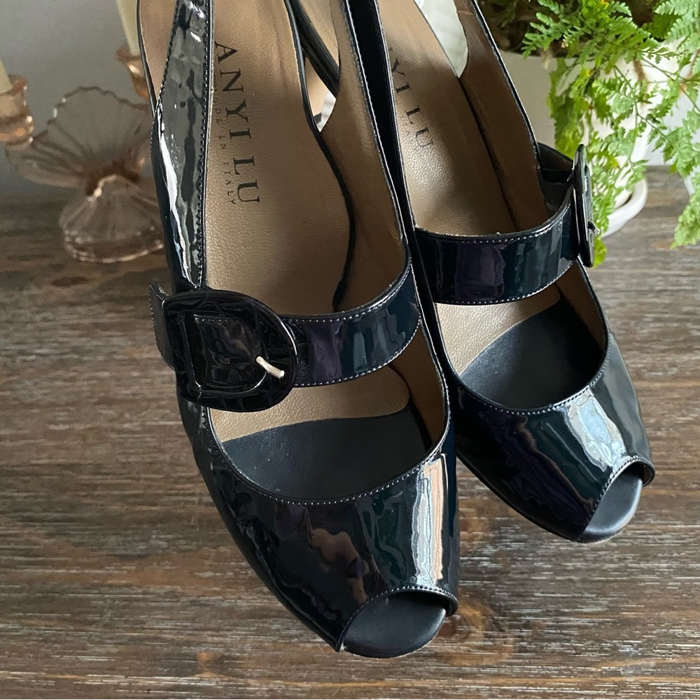 Anyi Lu Tulip Mary Jane Patent Leather Slingback Heels Pumps Navy Blue 39 / 8.5 - Picture 2 of 16